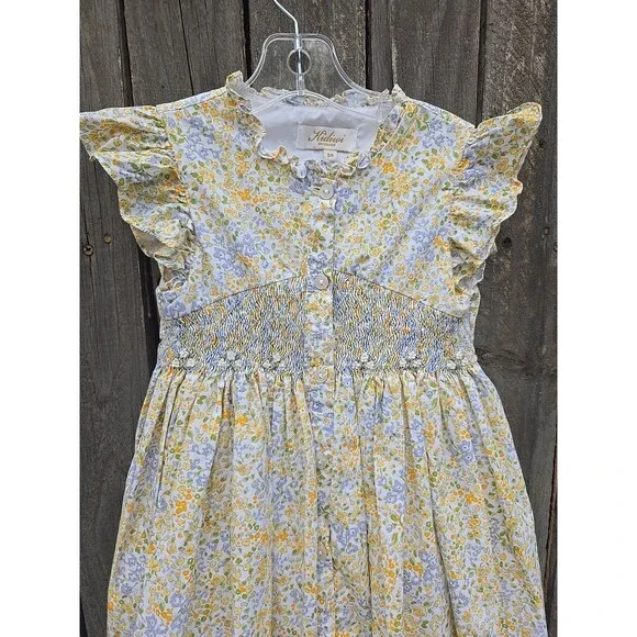 Kidiwi Paris Girls Floral Dress Size 5A Yellow Blue Smocked Waist Ruffle Sleeve - Picture 3 of 10